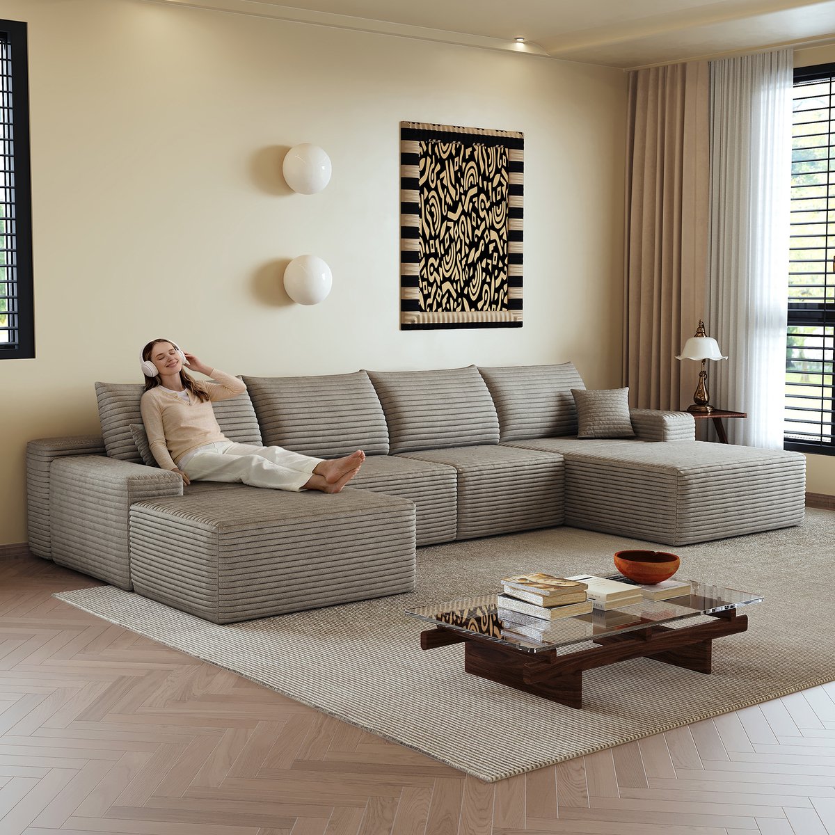 L Vormige Bank - Modulaire 5 Zits Hoekbank Met Lounge Deel - Ribstof Cloud Sofa Zonder Frame - Comfortabele Diepe Zitbank Met Hoge Veerkracht Schuim - Moderne Bank Voor Woonkamer Appartement - Camel