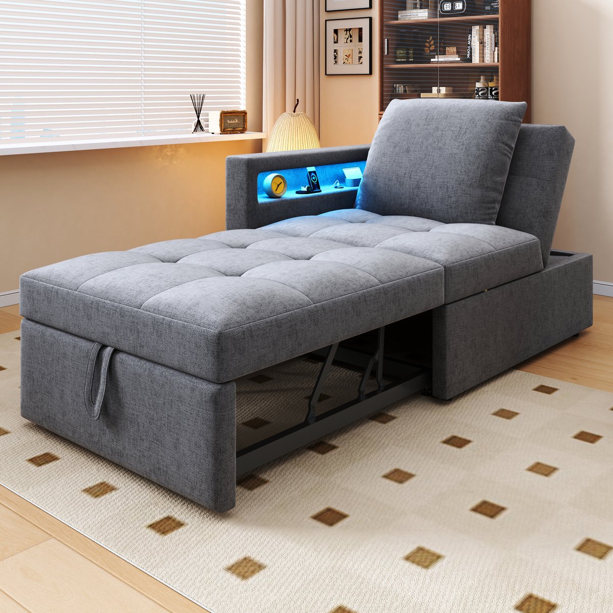 Slaapbank - 3-in-1 Modulaire Sofa Bed Met Linnen Bekleding - Verstelbare Rugleuning Met LED Verlichting En USB-C Aansluiting - Ruimtebesparende 2-Zits Bank - Lichtgrijs