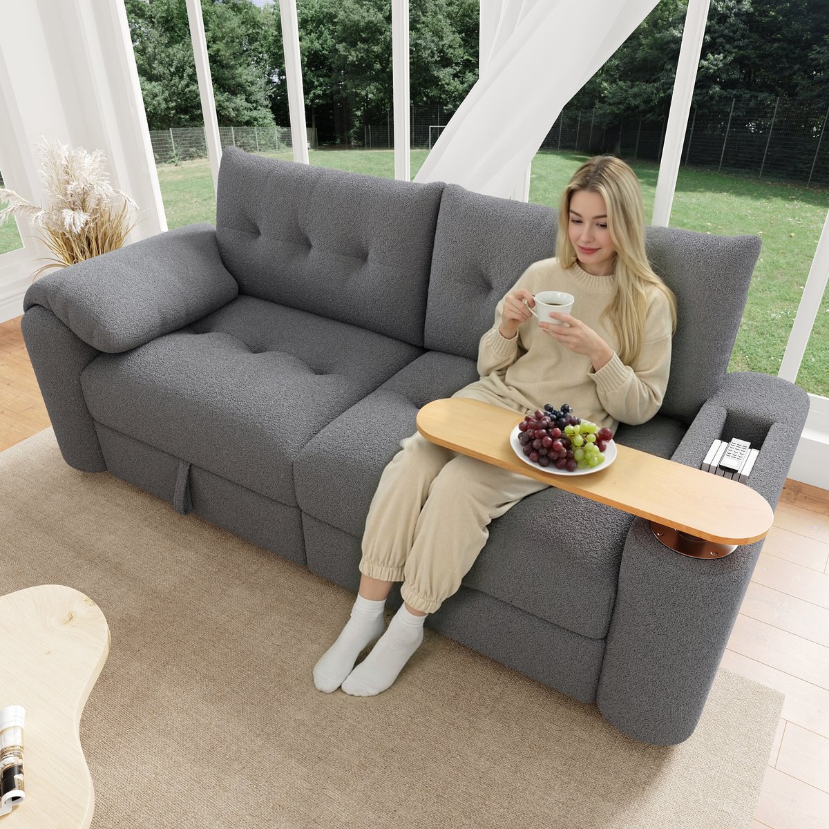 3-Zits Sofa Met Opbergruimte en Beistelltisch - Teddyplüsch Sofa Klein In - 207.5x80x87 cm, Grijs
