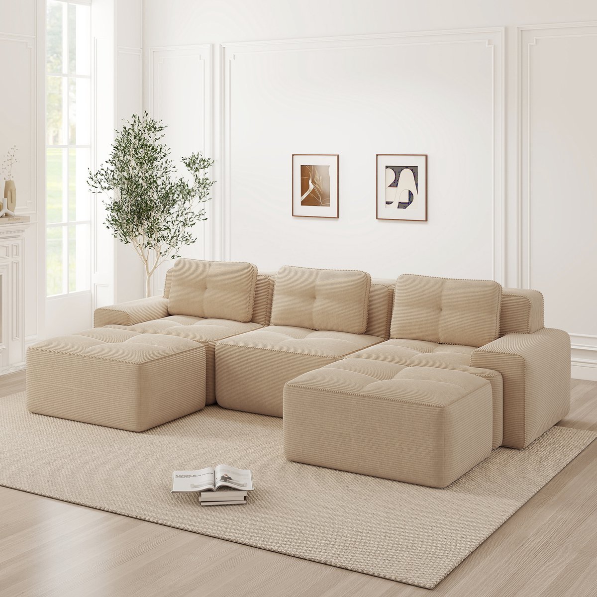 Modulaire U Bank - Chenille Cloud Sofa 3-Zits Zonder Frame Met Hocker - Zachte Lounge Bank Met Diepe Zit En 32D Schuimvulling - U Vorm Hoekbank Zonder Montage Voor Woonkamer - Beige