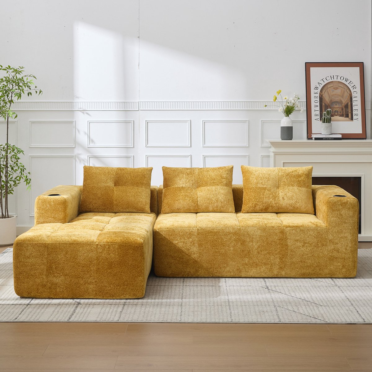 Hoekbank - 258 cm L Vormige Bank Met Chenille Stof - 3-Zits Modulaire Lounge Sofa Met Diepe Zit, 3 Kussens En Bekerhouders - Comfortabele Bank Voor Woonkamer, Appartement En Kantoor - Geel