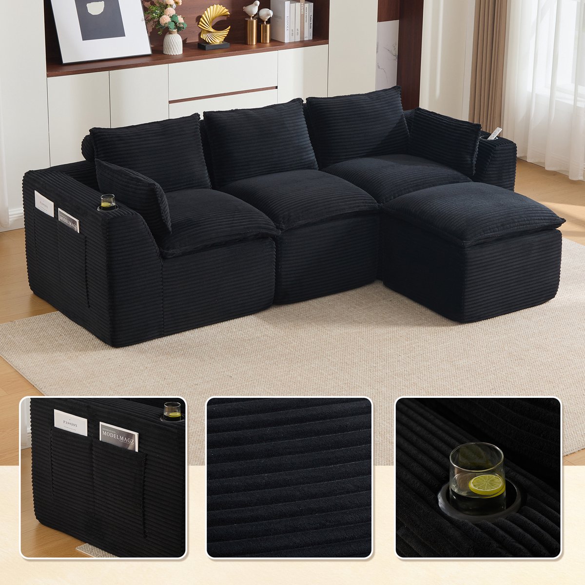 Corduroy Bankstel - Vaste Plek in Woonkamer of Kantoor - 37x30x104 cm, Zwart