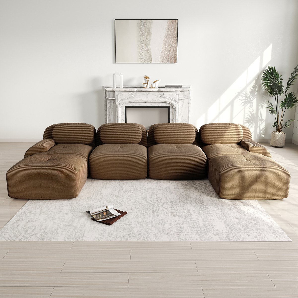 Modulaire U Bank 4-Zits - Ribstof Cloud Sofa Zonder Frame - Frameloze Lounge Hoekbank Met 32D Schuim - Ergonomische Bank Met Brede Armleuningen - Geen Montage Nodig - Huisdiervriendelijke Woonkamer Sofa - Bruin