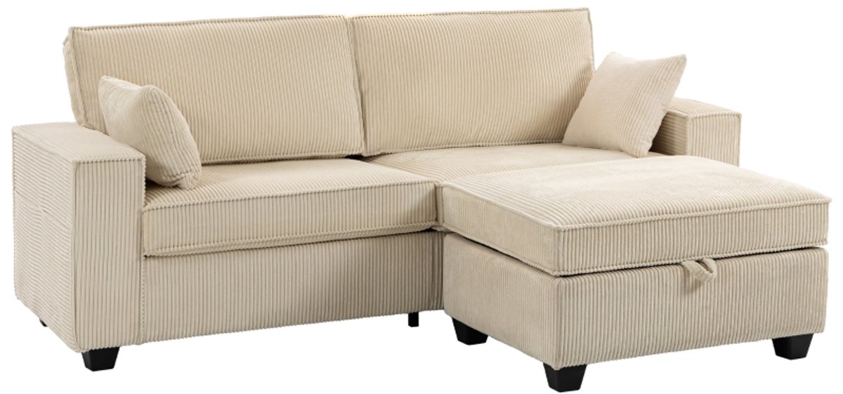 3-Zits Hoekbank - L-Vormige Bank Met Opberghocker - Beige Corduroy - 216 cm