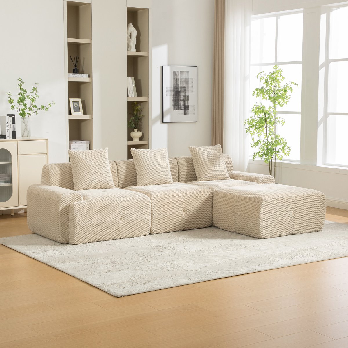 Modulaire Bank - Chenille Cloud Sofa Beige 3-Zits Met 30D Schuimvulling, Frameloze Lounge Bank, Zachte Zit, Anti-slip Bodem En Geen Montage Nodig Voor Woonkamer