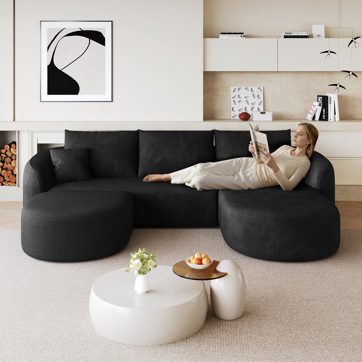 U-Vorm Hoekbank - Chenille Cloud Sofa 266 cm Met Diepe Zit - Frameloze Modulaire Lounge Bank Met Schuimvulling - 5-Zits Bank Zonder Montage - Luxe Woonkamer Sofa Zwart