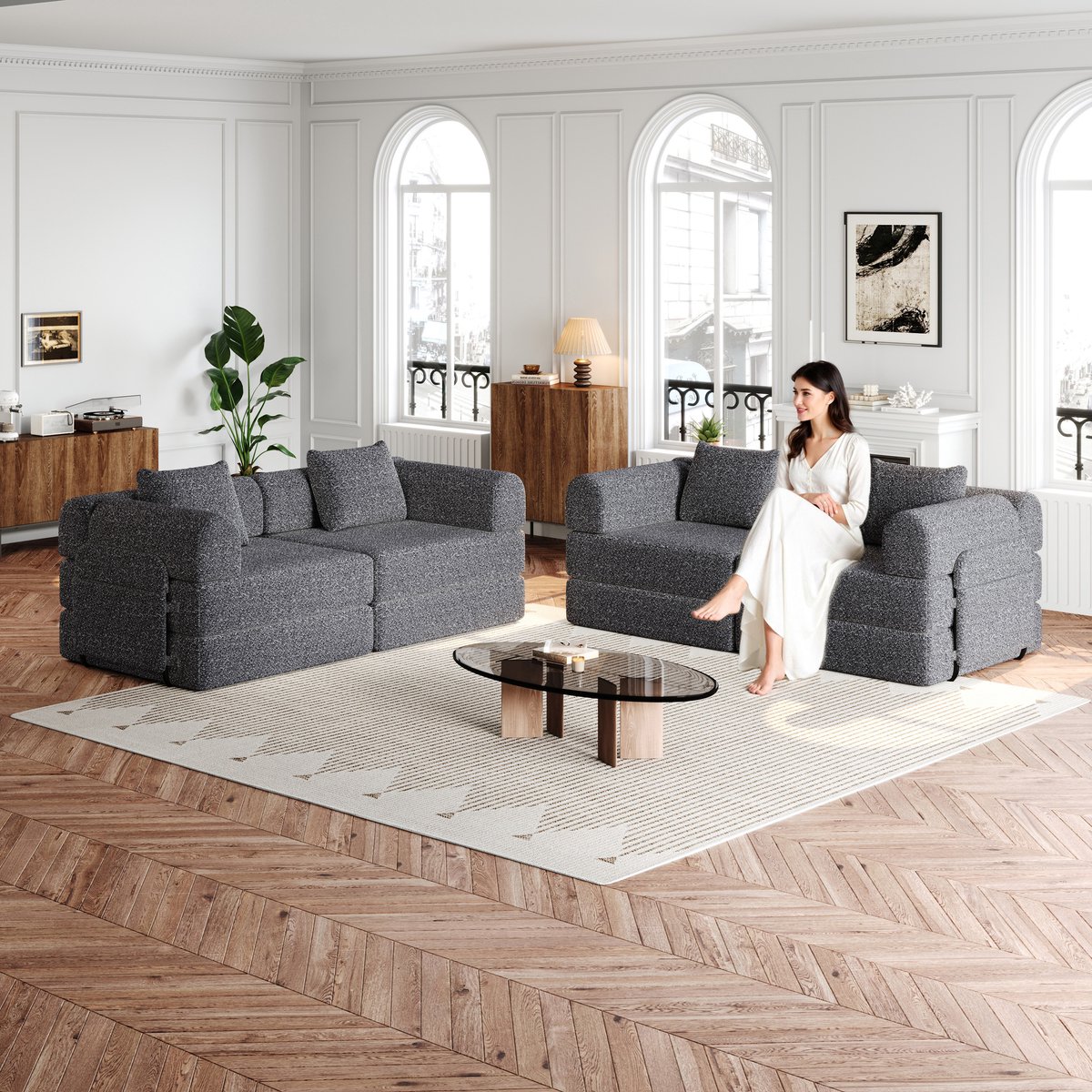 Modulaire Slaapbank - Chenille Hoekbank 4-Zits Met Opbergruimte In Armleuning - 2-in-1 Sofa Bed Met Metalen Frame En Antislip Onderkant - Comfortabele Lounge Bank Voor Woonkamer - Grijs