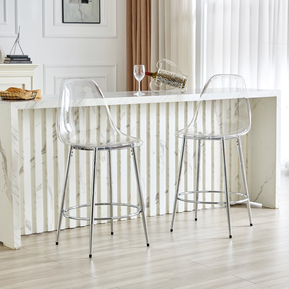 Clruro Barkrukken - 102 cm - 2 Transparante Stoelen met Voetsteun - Kunststof en Metaal - Zilver