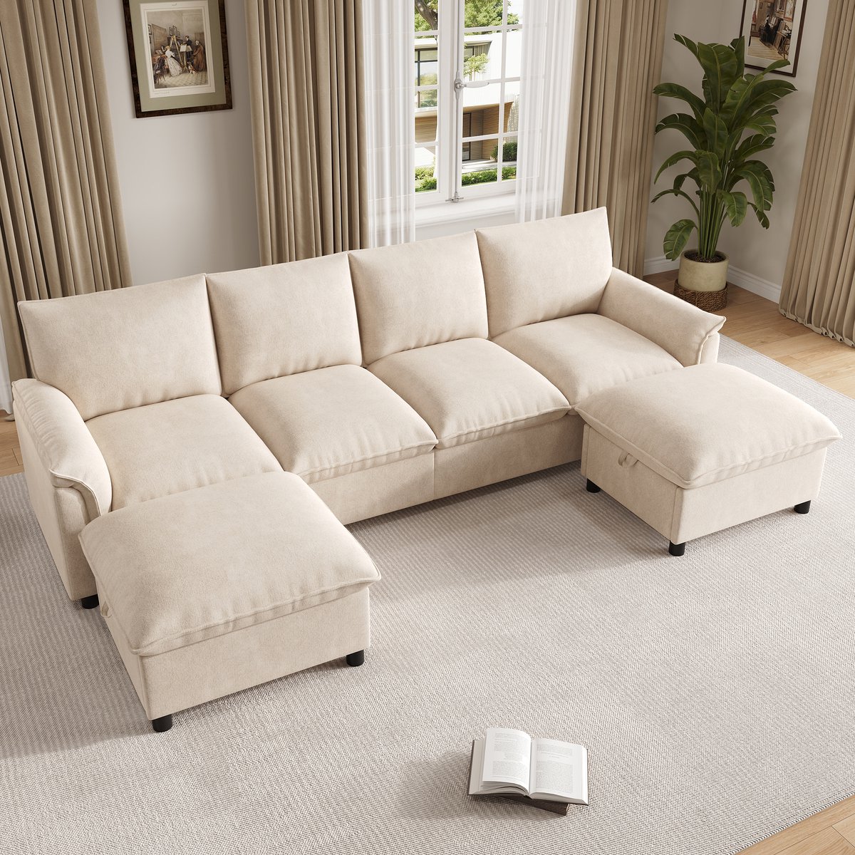VVBV Hoekbank 264.5x142.5x84 cm - U-Vorm, Opbergruimte, Met Planken - Beige, Chenille