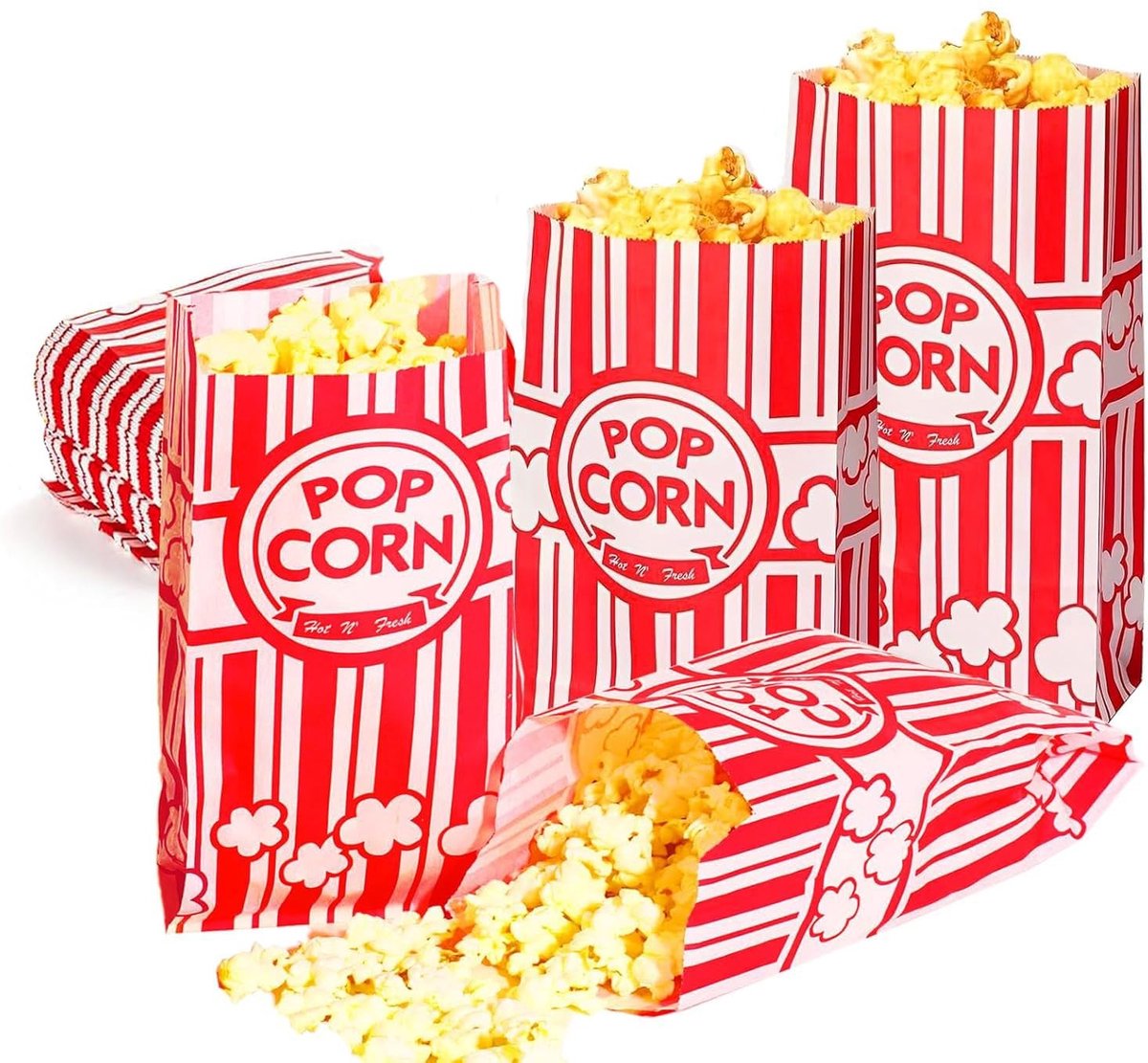 Solidchoice - Set van 100 Rode en Witte Papieren Popcornzakken 21x9cm voor Feesten