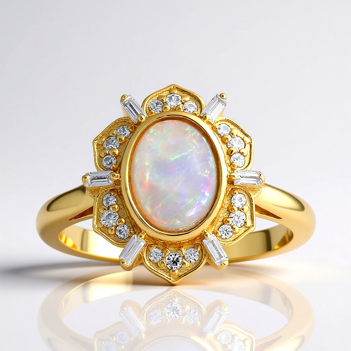 Cavill - Elegante Damesring 925 Sterling Zilver Geel Verguld - Australische Oval Opaal 0,58 ct - Zirkonia 0,26 ct - Stijlvolle Cabochon Ring
