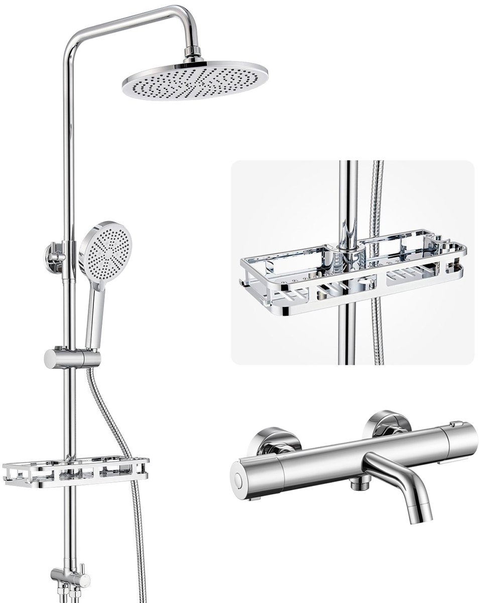 Auralum Max Regendouche met Thermostaatkraan - Inclusief Thermostatische Badkraan en planchet - Doucheset - 10 inch Douchekop - Handdouche met 4 functies - Rond Design - Waterbesparend - Chroom