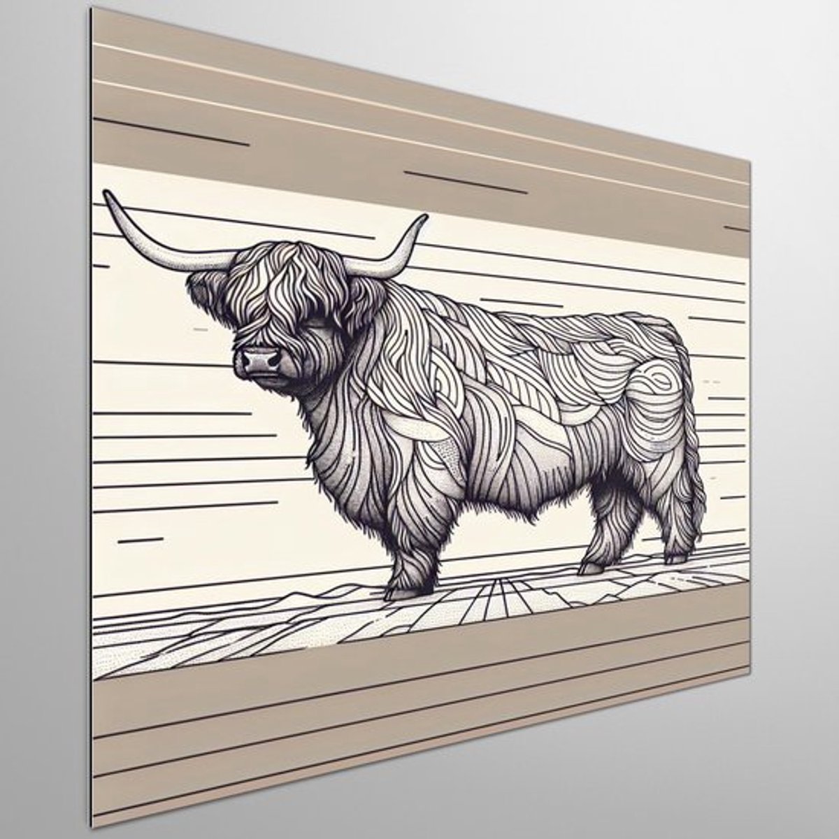 Line art schotse hooglander schilderij | Hooglandse harmonie: Vloeiende lijnen vangen de essentie van Schotland | Kunst - 75x75 centimeter op Forex | Foto op Forex