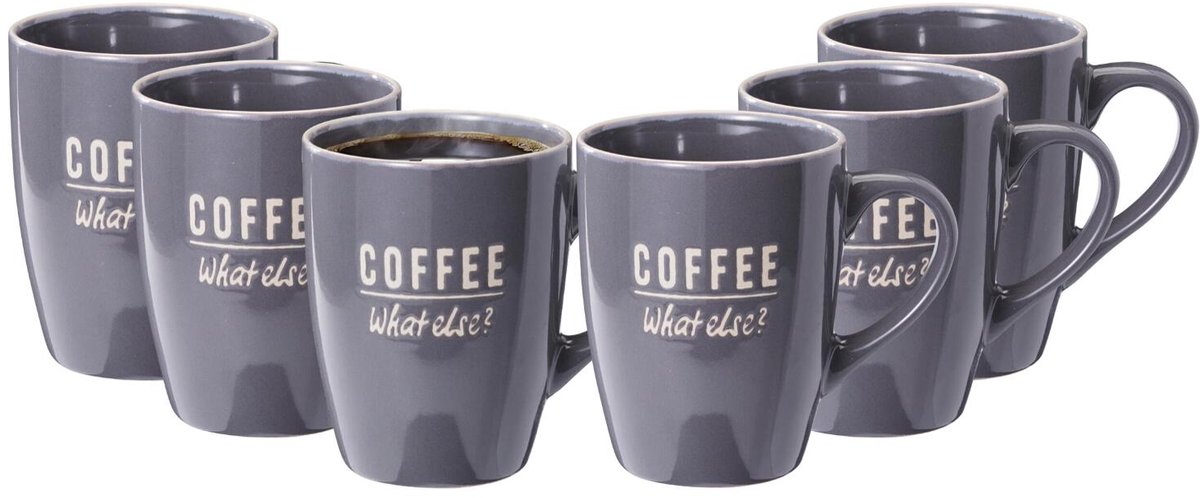 Siaki koffie kopjes Barista Cafe - 6x stuks - grijs - 340 ml - mokken - keramiek - 10 cm - met koffie thema teksten