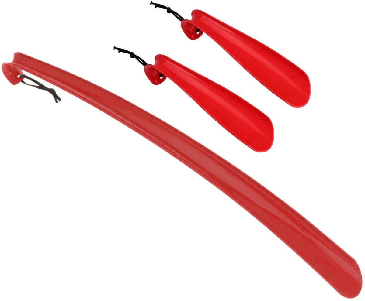 Shoe Solutions Schoenlepels set - 3x stuks - 18 en 57 cm - kunststof - rood - met haak - schoenen instaphulp