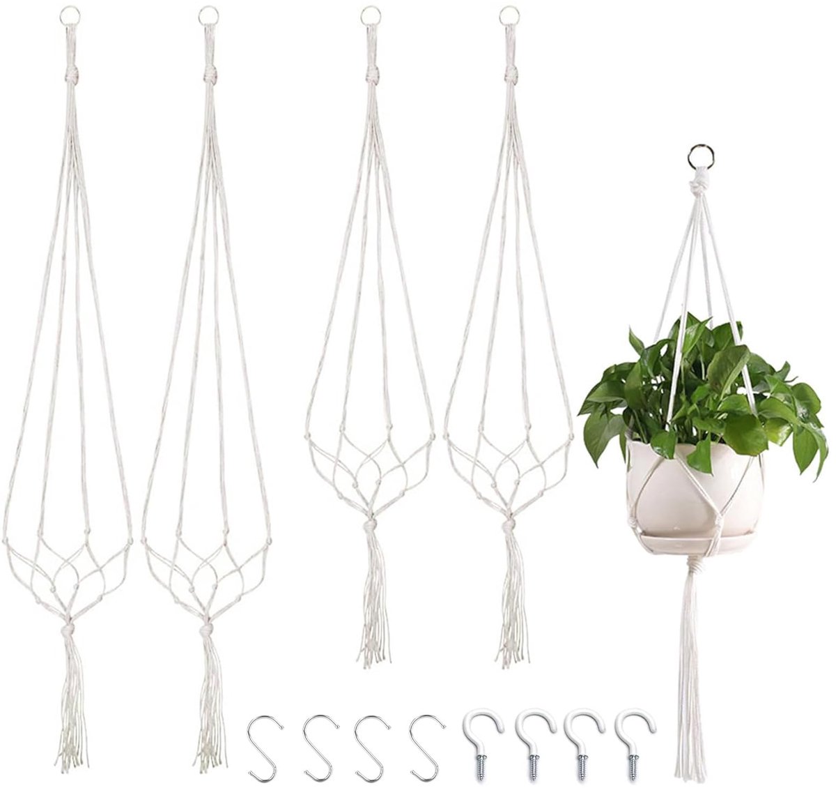 Set van 4 Macramé Plantenhangers - Hangende Bloempot Houders met 4 Haken - Decoratieve Plantenophangsystemen voor Binnen & Buiten - Geschikt voor Kamerplanten, Tuin, Balkon, Plafond & Woondecoratie - 100 cm / 80 cm