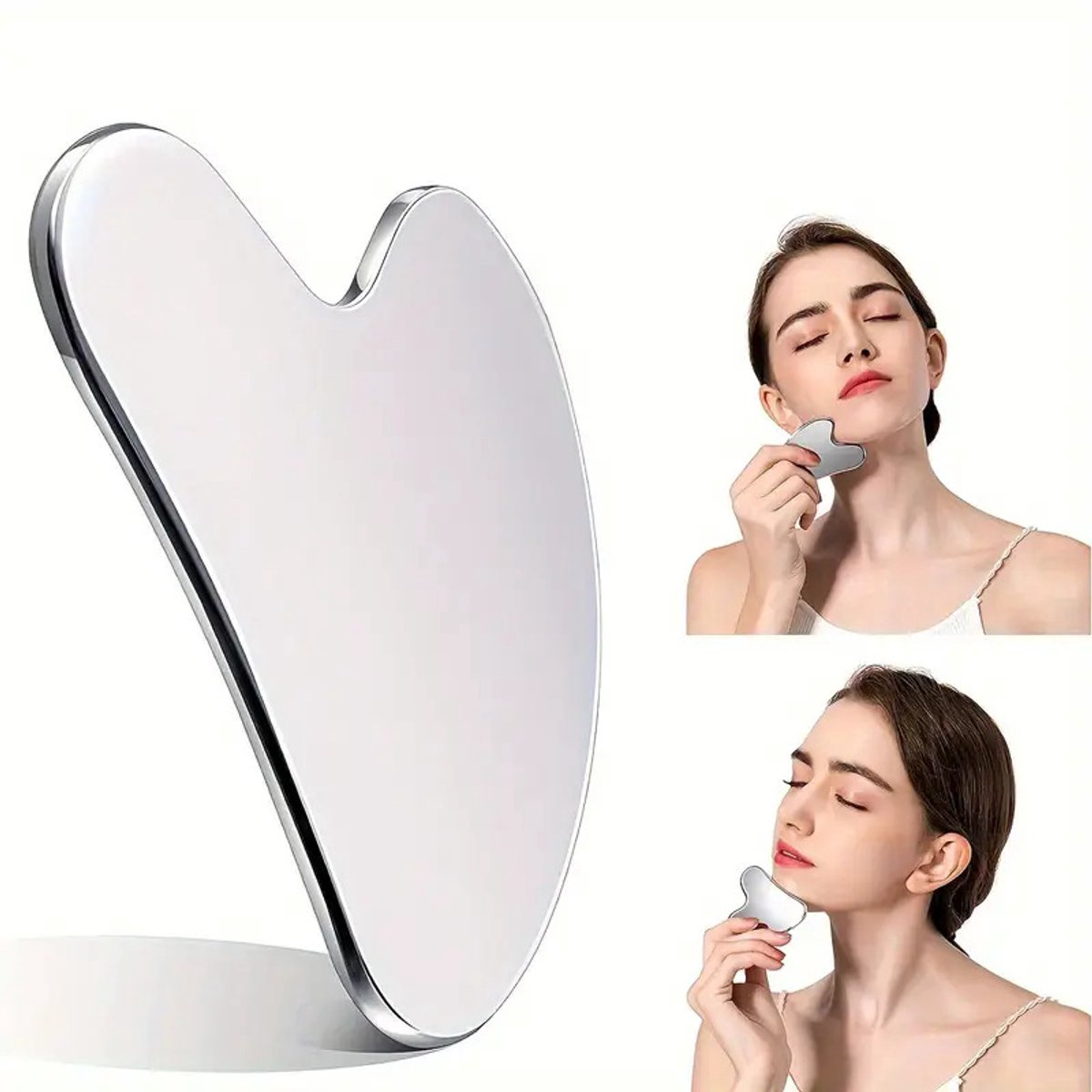 Gua Sha-tool – Gezichtsmassagetool – Hartvormige Gua Sha voor het gezicht – Vermindert zwellingen & definieert de kaaklijn – Geschikt voor lichaam, ogen en hals – Zilver