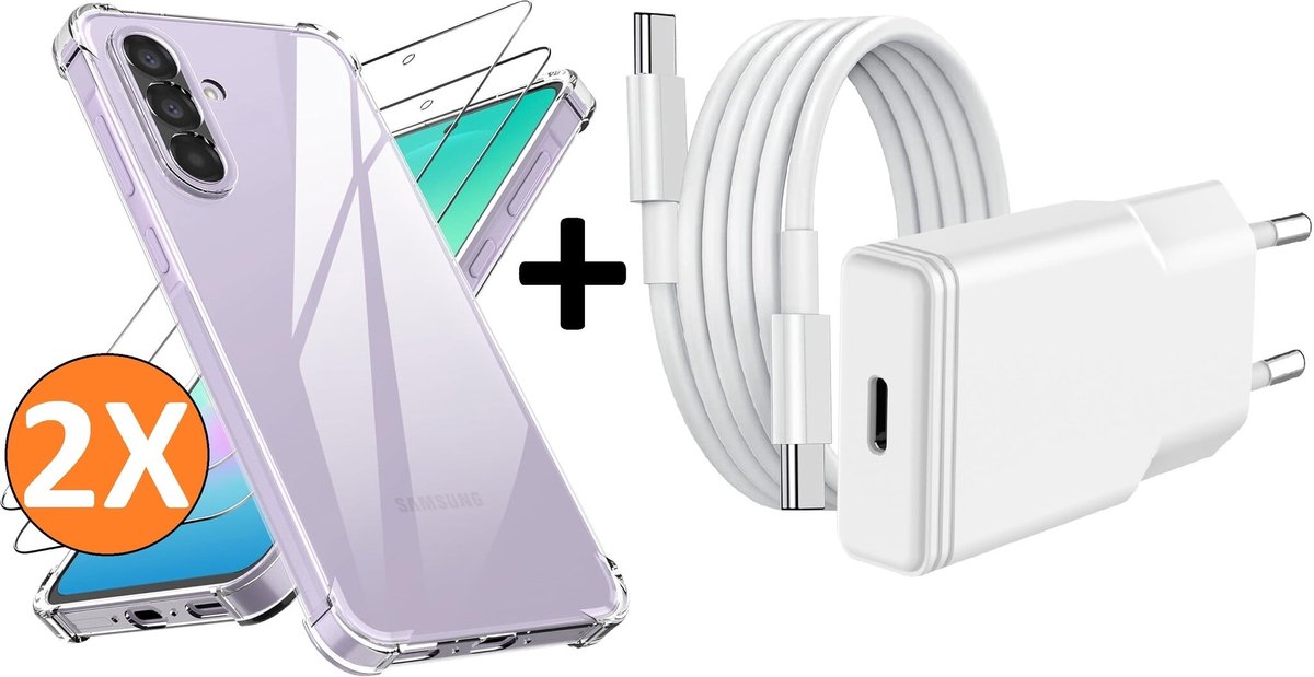 USB C Adapter oplader - USB C Snellader 20W Met 1m Kabel - Hoesje Geschikt voor Samsung Galaxy A27 transparant Anti Shock silicone met 2x screenprotector- Ntech COMBI-SET
