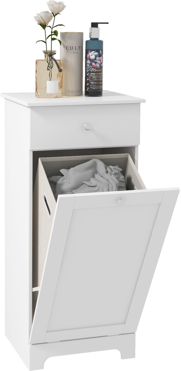 Smalle badkamerkast met wasmand – slanke wastafelkast – voorzien van lades en een uitneembare waszak