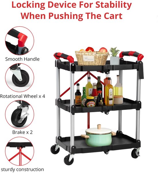 Vouwbare kar met 3 legplanken - Inklapbare dienwagen met zwenkwielen en rem voor garage, magazijn, kantoor en horeca - 66,5 x 38 x 86 cm — afbeelding 2