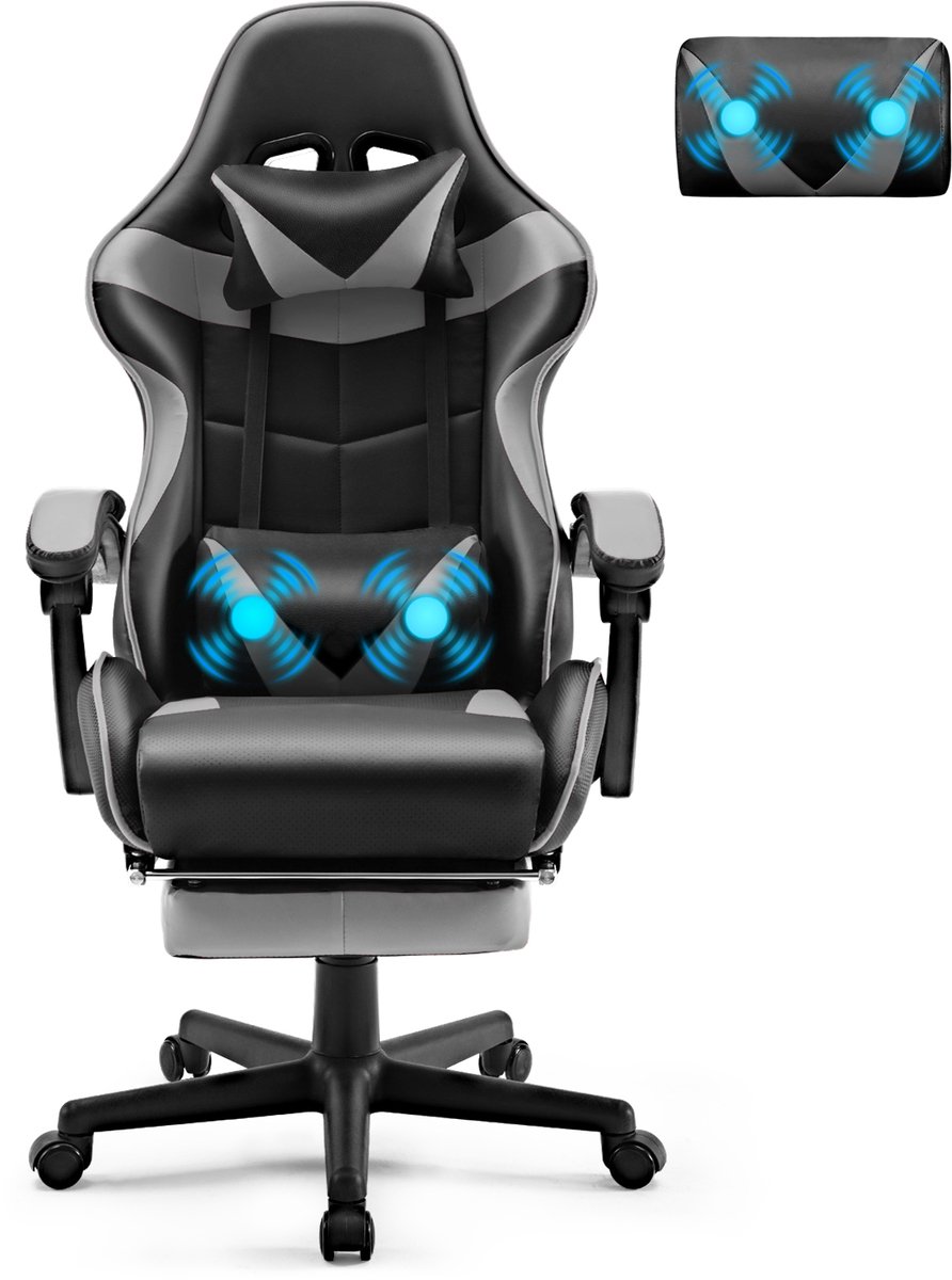 Arvioo-Gamestoel-Massage Voetsteun-Verstelbaar-Grijs