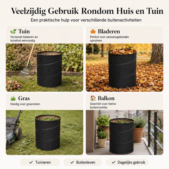 Opvouwbare Tuinafvalzak 16L - Opvouwbare Bladenzak - Zelfstaande Tuinzak - Voor Bladeren, Groenafval & Camping - Ø25 x 32 cm - Zwart — afbeelding 4