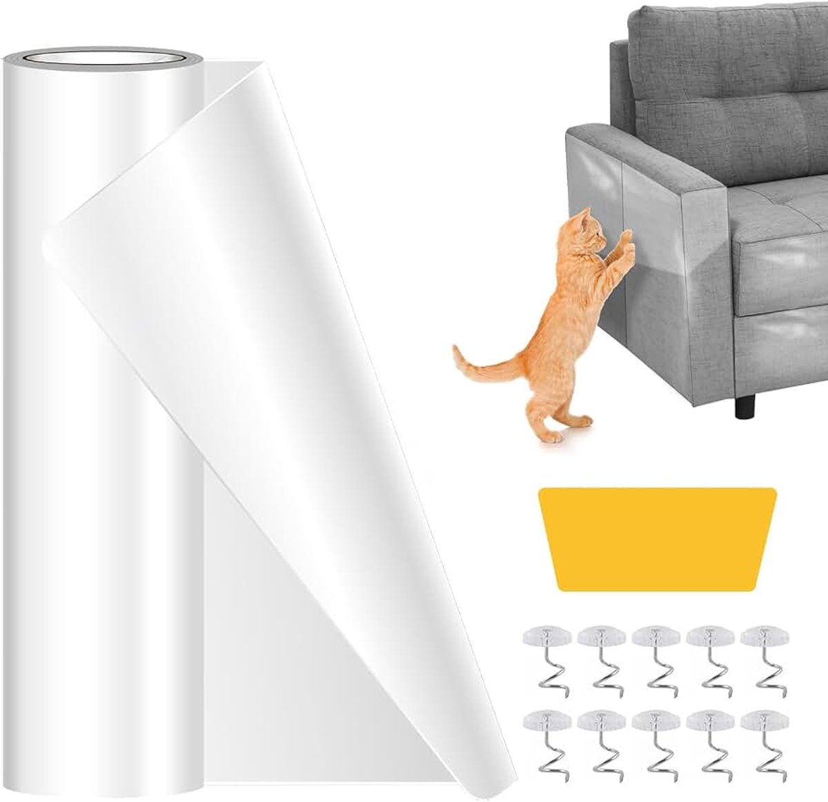 5 m x 20 cm, krasbescherming, wand, transparant, krasbeschermingsfolie, anti-kras-folie voor katten met schraper en 10 stiften, krasbeschermingstape voor meubels, bank, bank
