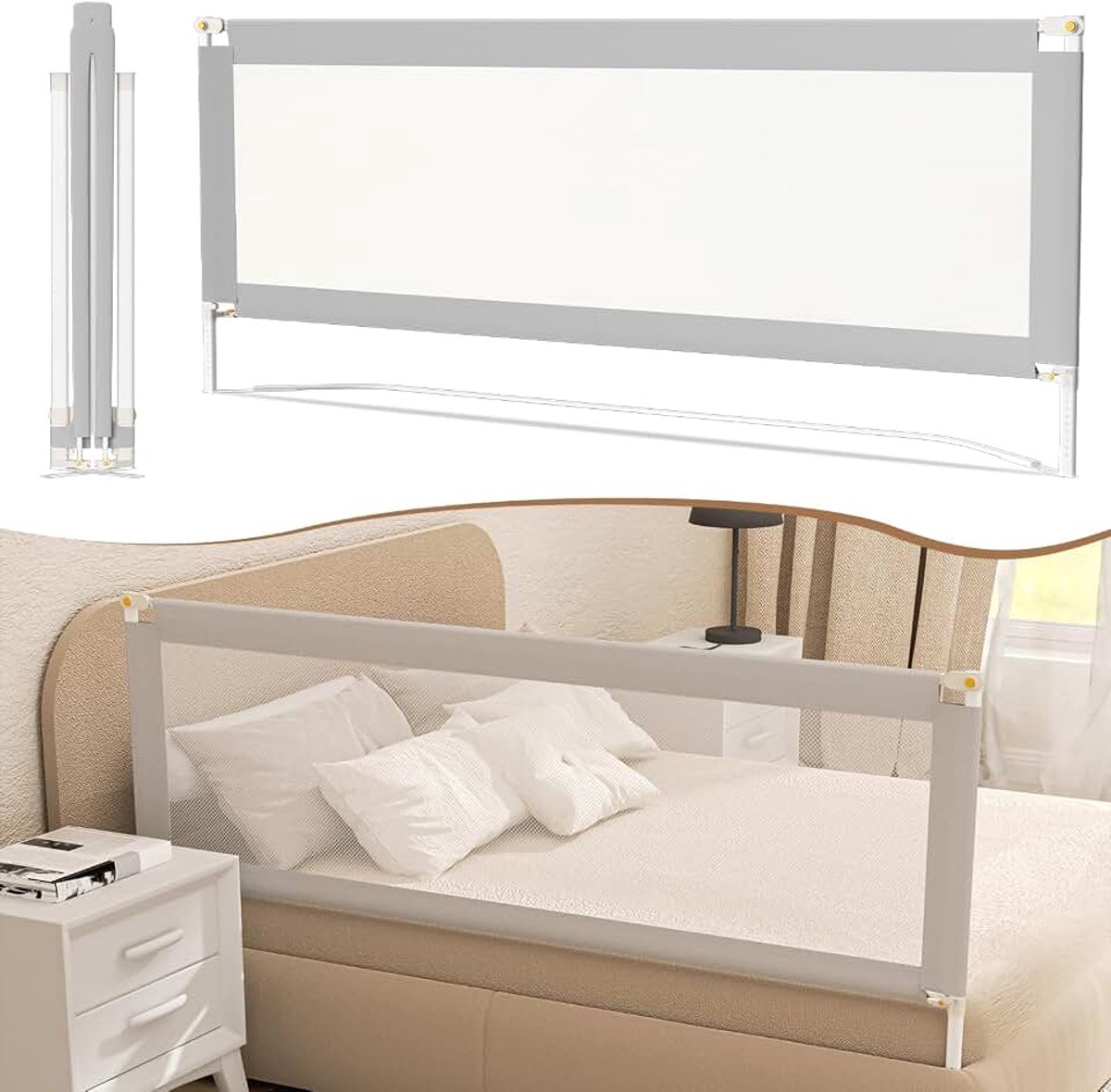 Bedhekje, inklapbaar, 200 cm, valbeveiliging, bedhekje voor kinderen, in hoogte verstelbaar, 68-95 cm, eenvoudige montage, babybedhek, kinderbedhek