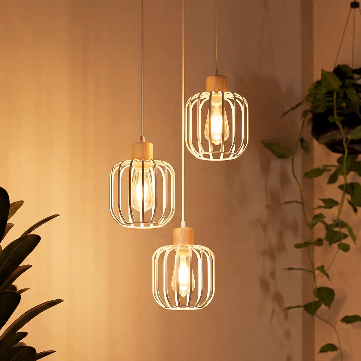 NETTLIFE E27 3-Flammige Hanglamp Met Houten Kap - Hoogteverstelbaar | Moderne Eetkamerlamp voor Eettafel Keukeneiland & Woonkamer - Zonder Lampen
