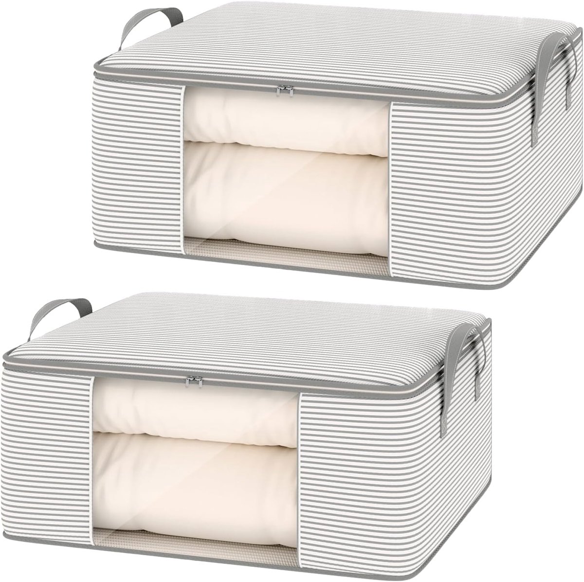 Opbergtassen - Organizertassen - Met ritssluiting - Met handvat - Geschikt voor kussens, kleding, dekens, enz. - Set van 2 - 55x35x25cm - Grijs gestreept