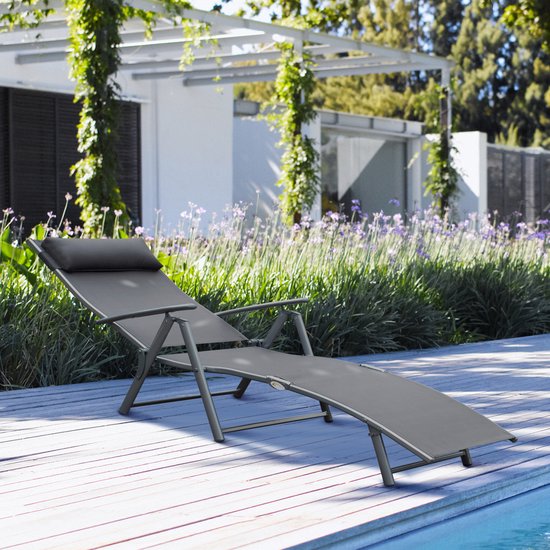 Buitenligstoel 137×63,5×100,5 cm grijs metalen frame relaxstoel tuinstoel stoel voor middagrust opvouwbaar ontwerp stabiel duurzaam eenvoudig te reinigen voor tuin balkon camping strand zwembad — afbeelding 3