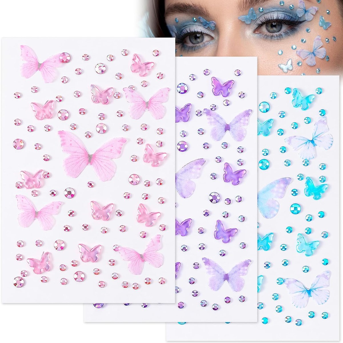 Vlindersticker - Sticker - 3 Vellen Hart en Ster - Kristal Acryl Sticker - Zelfklevend - Roze, Blauw en Paars - Geschikt voor Bruiloft, Feest en Lichaamsdecoratie - Haar- en Gezichtaccessoire