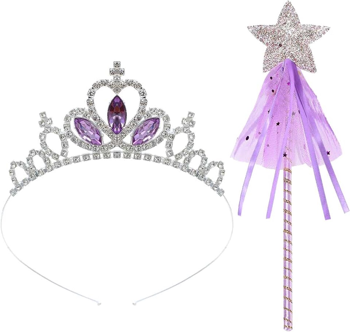Tiara en Wand Set, Kids Crystal Crown Fee Wand Prinses Dress up Haar Sieraden Meisjes Haar Accessoires Verjaardag Tiara Gift voor Meisjes 3-12 Jaar (Paars)