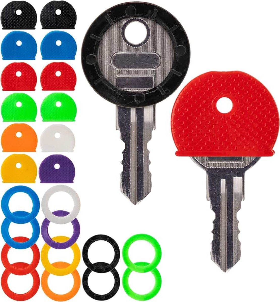 Sleutelidentificatie ringen voor sleutelhoofden, 24 stuks, 8 kleuren, twee vormen, voor ronde en vierkante sleutelhoofden met een breedte tot 25 mm, clip-on sleutelkapjes, sleutel identificatie set