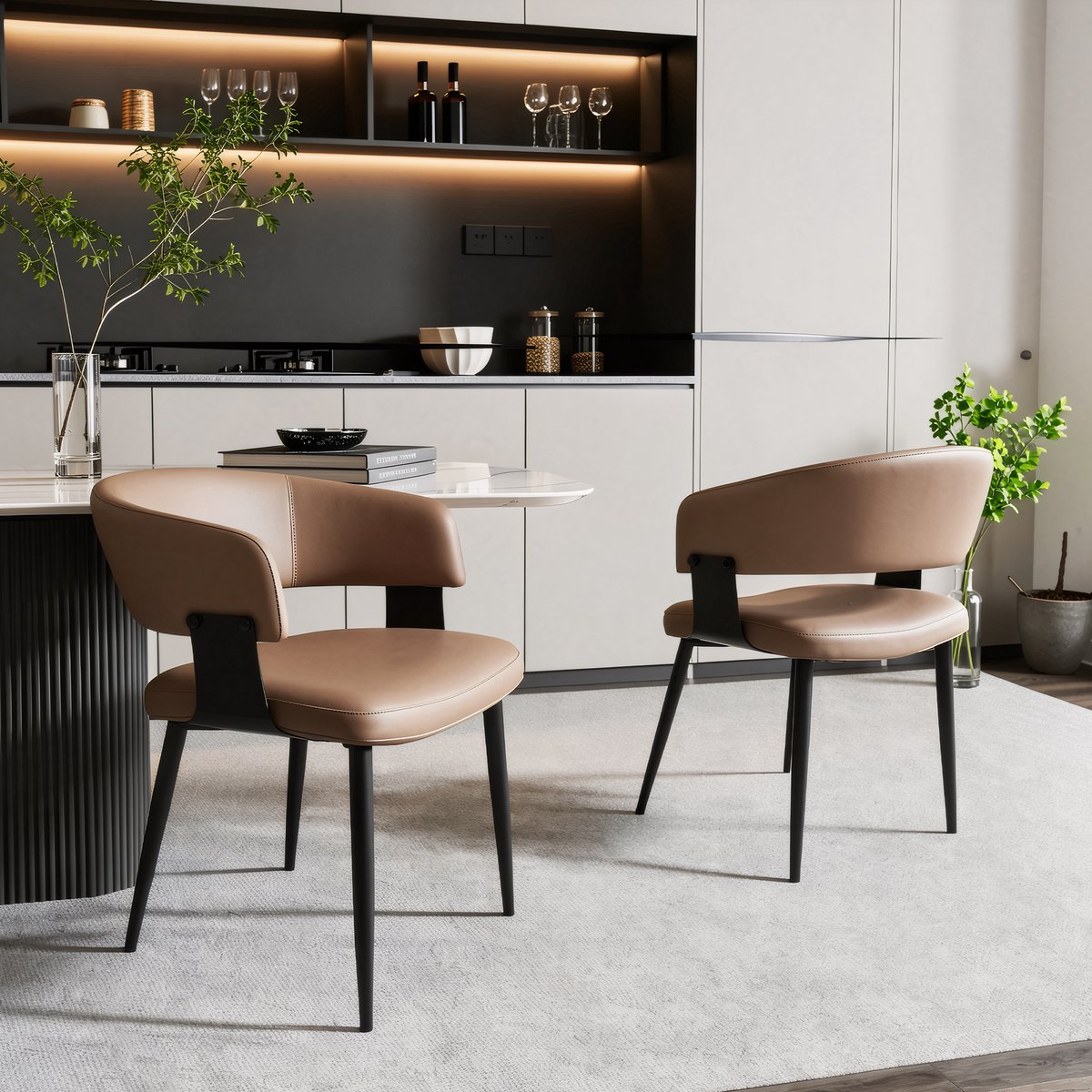 Clruro Eetkamerstoelen - 2 Stuks - Gebogen Rug met Armleuningen - Kunstleer en Metaal - Bruin