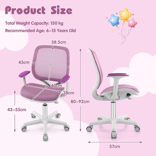 Kinder Bureaustoel - Studie Stoel - Comfortabel Zitten - Antislip Wielen - 43-55 cm Hoogte - Paars van Kinder — afbeelding 4
