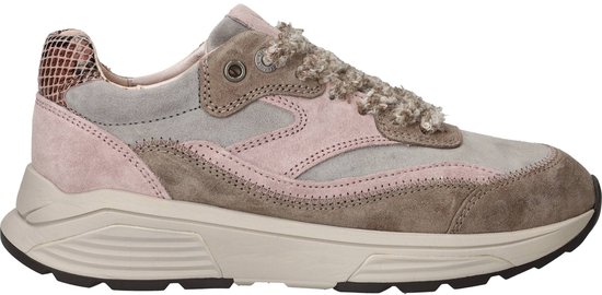 Basket Xsensible grise avec des empiècements roses et taupe, nœud en peluche et détail imprimé serpent.