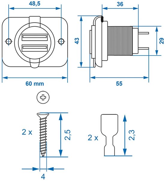 Technische tekening van een dubbele USB-inbouwdoos met afmetingen in mm: 60x43x55 mm. Inclusief schroeven en connectoren.
