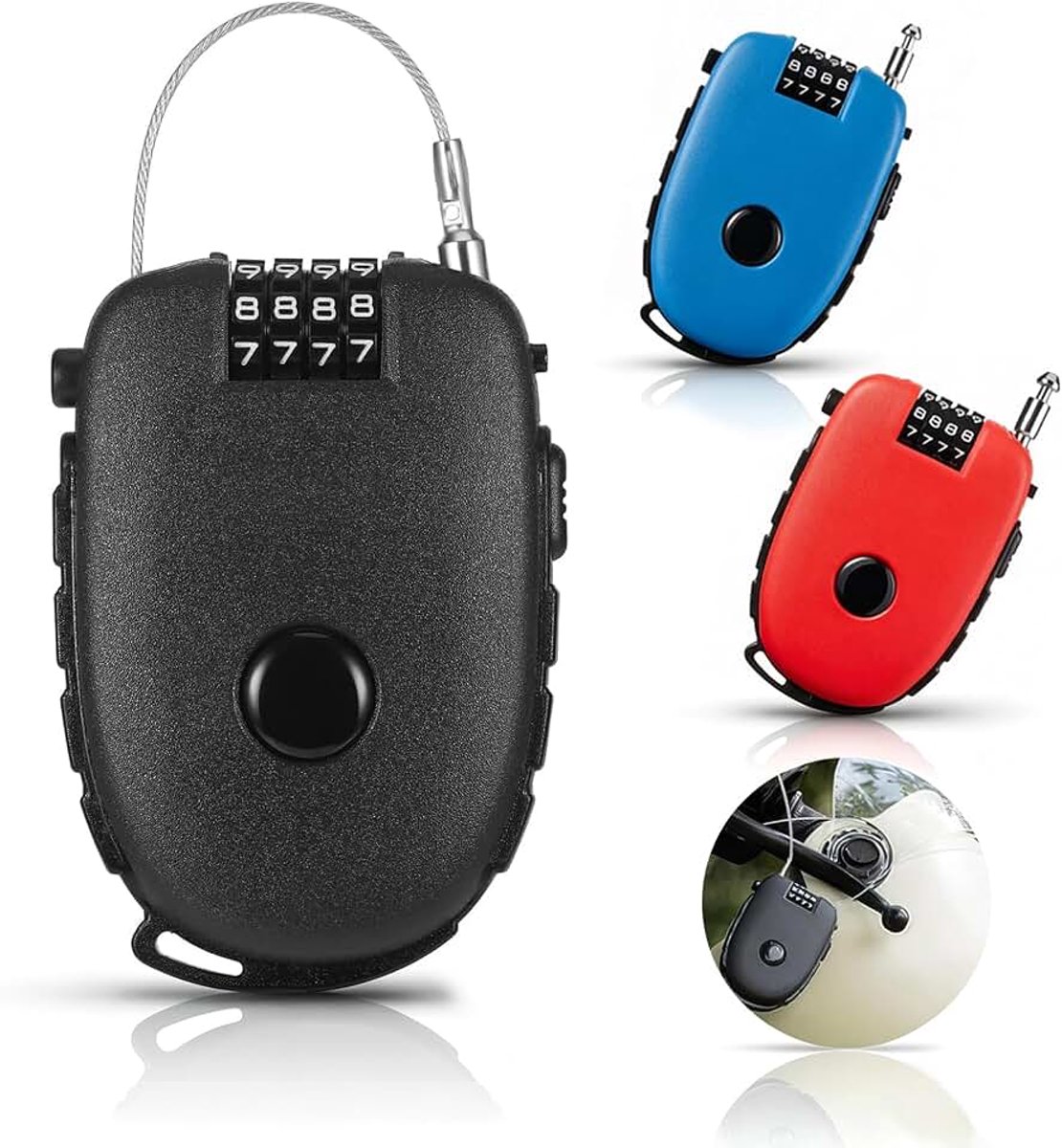 Motorhelm-hangslot met 130 cm lange kabel | 4 codesloten, compact en draagbaar, stalen kabel voor fiets, helm, scooter en motorfiets, rood, zwart, blauw