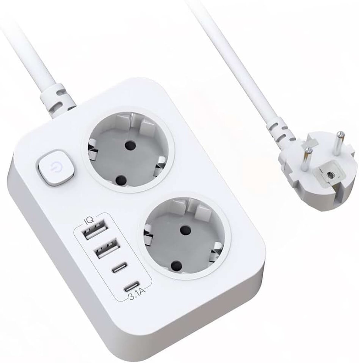 Stekkerdoos met schakelaar, 2-voudig meervoudig stopcontact met USB, 6-in-1 stekkeradapter met 2 USB-C en 2 USB, 2 m verlengkabel, overspanningsbeveiliging, universeel stopcontact voor thuis