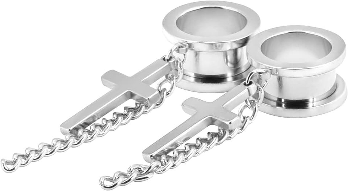 2 stuks roestvrij staal kruis oorplugs gauges met hanger tunnel set zilver 14 mm