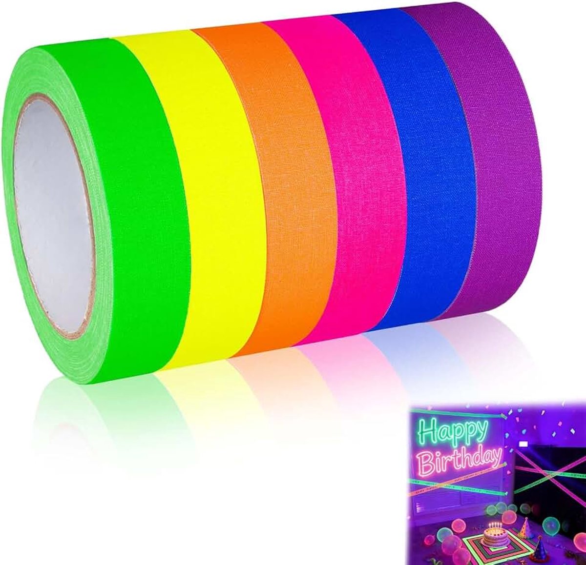 Set van Fluorescente Tape – 6 Rollen UV Actieve Tape 5m x 1,5 cm – Neon Kleuren voor Blacklight Party, Decoratie en Markering – Waterbestendig