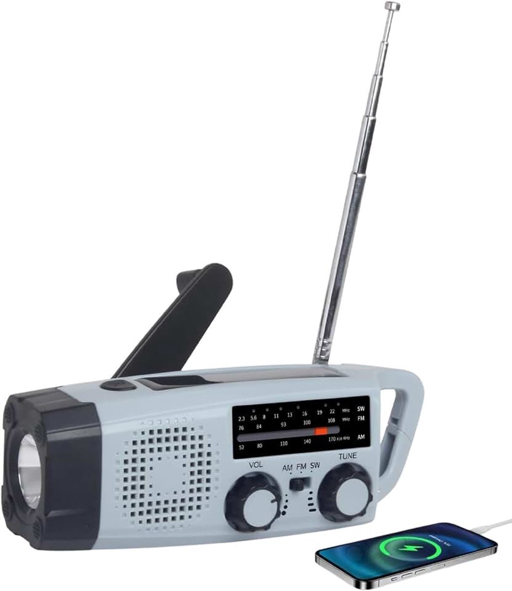 Noodradio, FM AM SW NOAA Solar Radio Draagbare zwengelradio met LED zaklamp USB mobiele telefoon oplader SOS-alarm (383SW)
