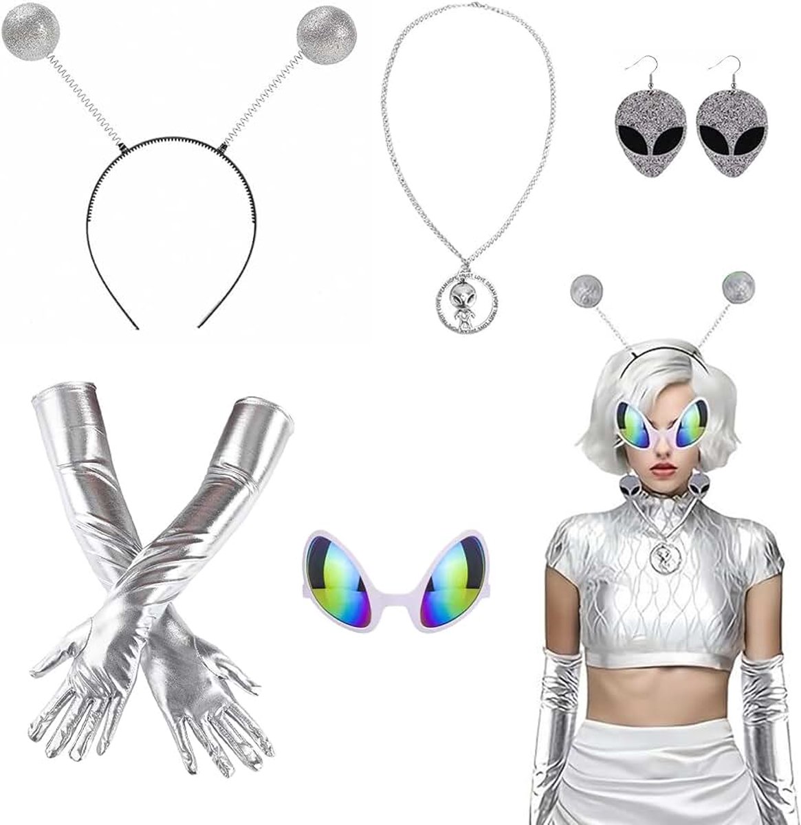 5-delige Alien kostuumset, Alien-kostuum bevat oorbellen, bril, handschoenen, halsketting en een hoofdsieraad, Alien kostuum voor dames voor Halloween en themafeesten als rekwisiet voor