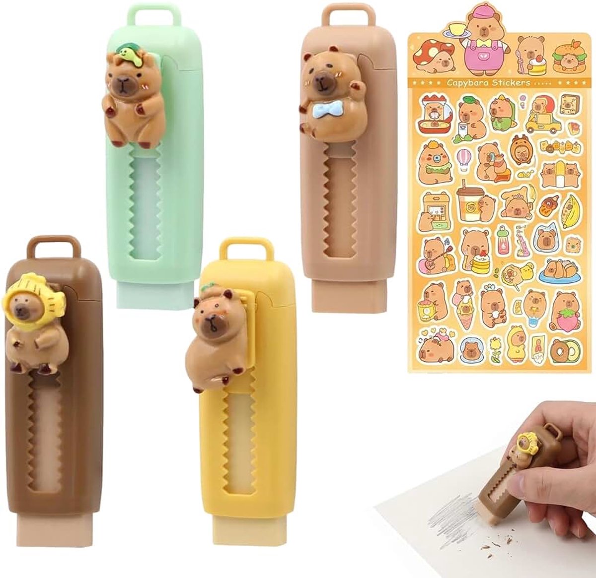 Gumset, 4 stuks met 1 stickervel, Kawaii-gum voor kinderen, meisjes en jongens, schattige gummen voor school en kantoor, ideaal cadeautje en schrijfwaren, cadeau voor scholieren
