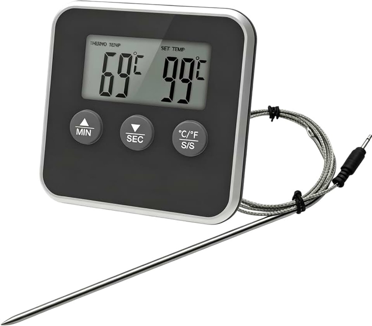 Vleesthermometer en braadthermometer met timer, nauwkeurige grill- en oventhermometer voor BBQ, vlees, braden, keuken, zwart met sonde