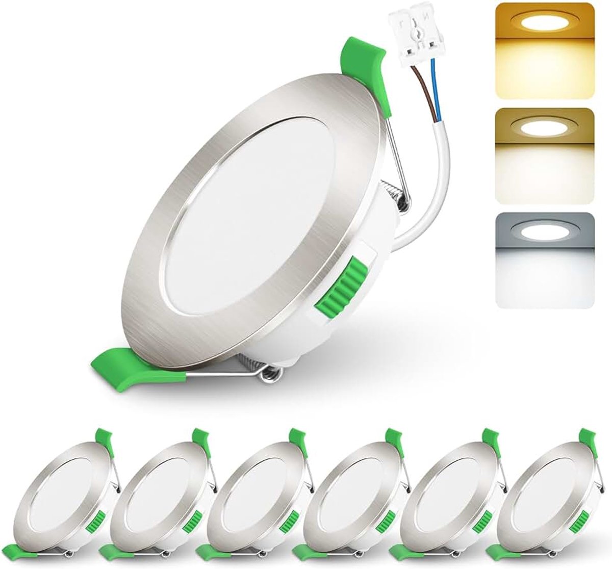 Set van 6 led-inbouwspots, 68 mm, 4 W, 230 V, plafondspots, inbouwlamp, 3000 K, 4000 K, 6500 K, verstelbaar, IP44, badkamerspot, led, voor woonkamer, keuken, nikkel, rond