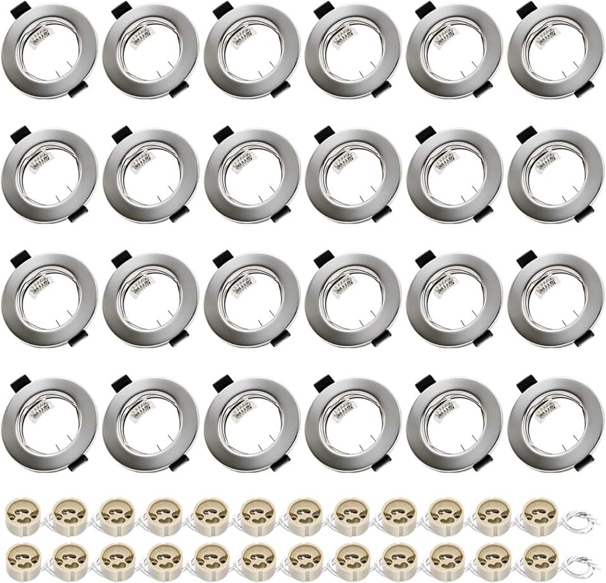 Set van 24 ronde inbouwspots GU10 - Geborsteld Nikkel inbouwframe met fitting, geschikt voor boorgaten Ø55-70mm. Ideaal voor LED- en halogeenlampen. Eenvoudige installatie en moderne uitstraling.