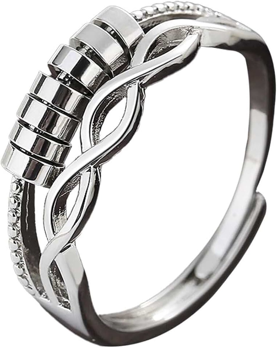 Ringen voor Vrouwen Verstelbare Angst Stress Open Spinner Bead Ringen met Double Layer glanzend zilver Open Fidget voor Vrouwen