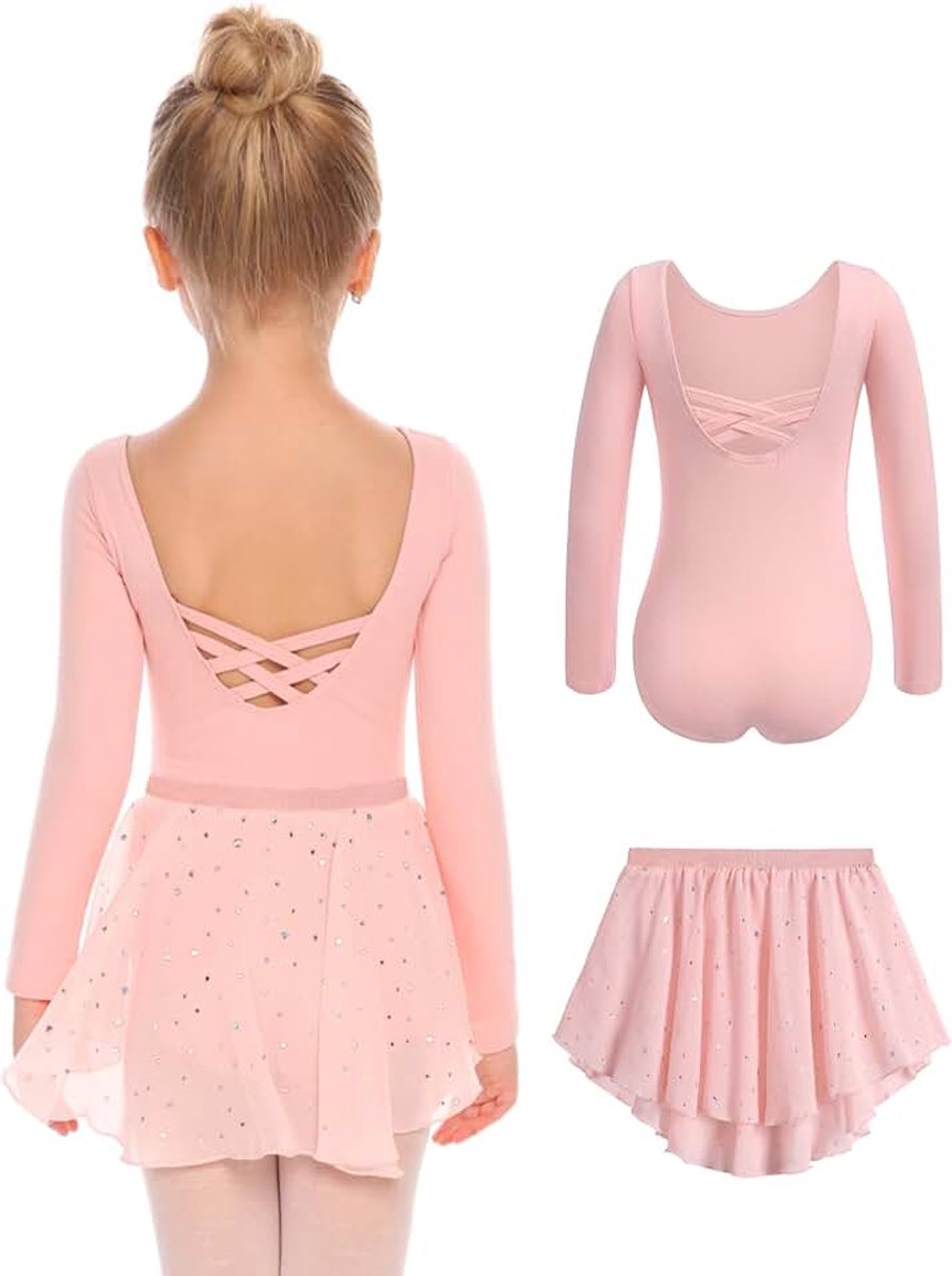 Balletkleding voor meisjes, blote rug, van katoen, lange mouwen, met onregelmatige chiffon-rok, tutu, 2-10 jaar